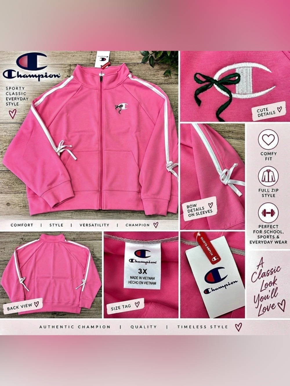 Champion Pink Full-Zip Track Jacket 3X NWT Bow Detail